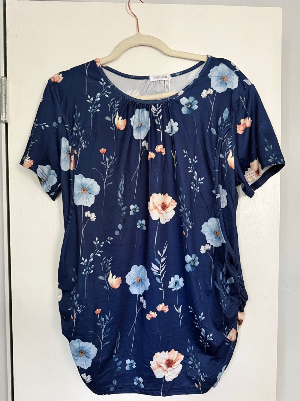 Maternity and Nursing Navy Floral Short Sleeve Tee with Blue and Peach blooms